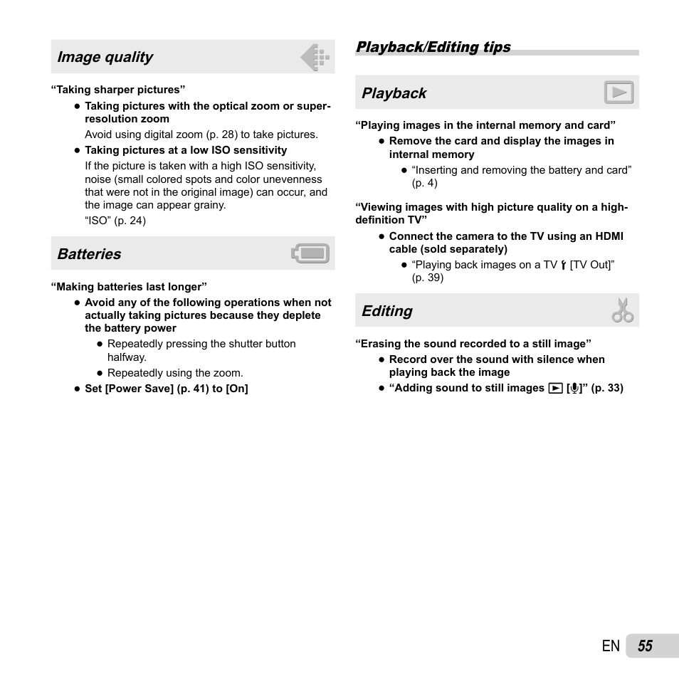 55 en, Image quality, Batteries | Playback/editing tips playback, Editing | Olympus SP-820UZ User Manual | Page 55 / 76