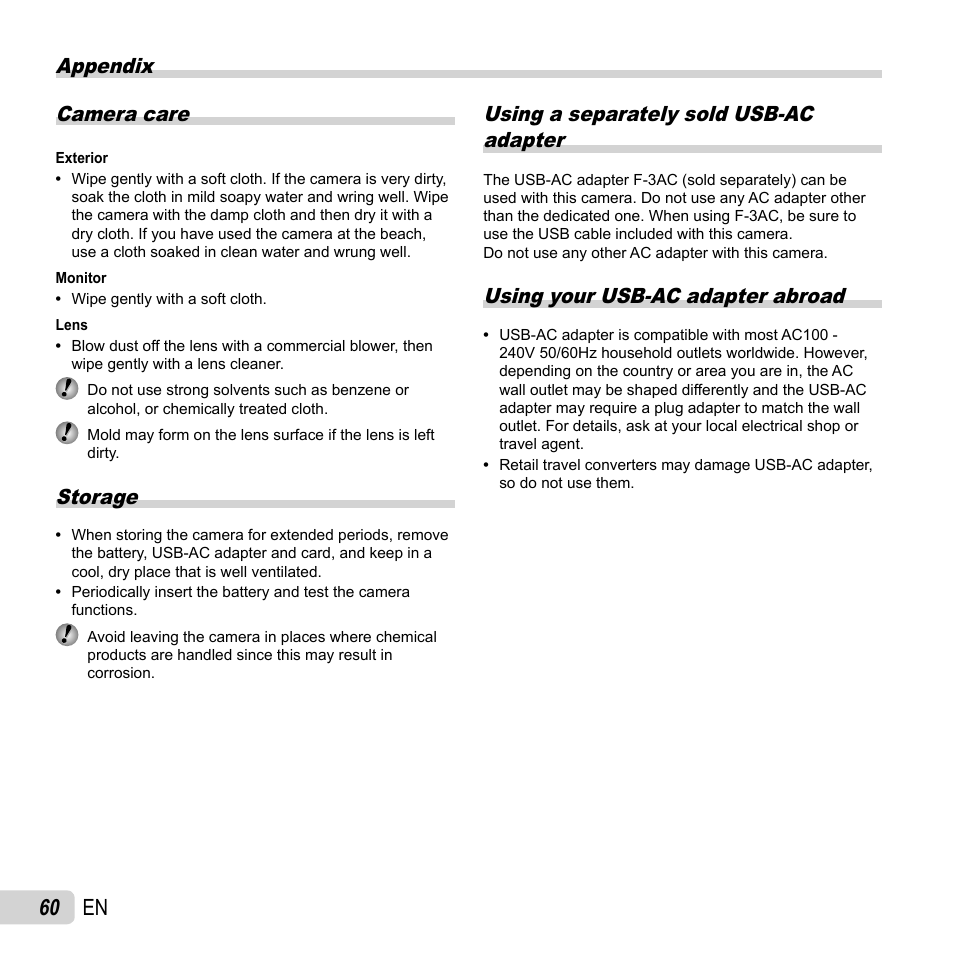 Appendix, 60 en, Appendix camera care | Storage, Using a separately sold usb-ac adapter, Using your usb-ac adapter abroad | Olympus SP-820UZ User Manual | Page 60 / 76