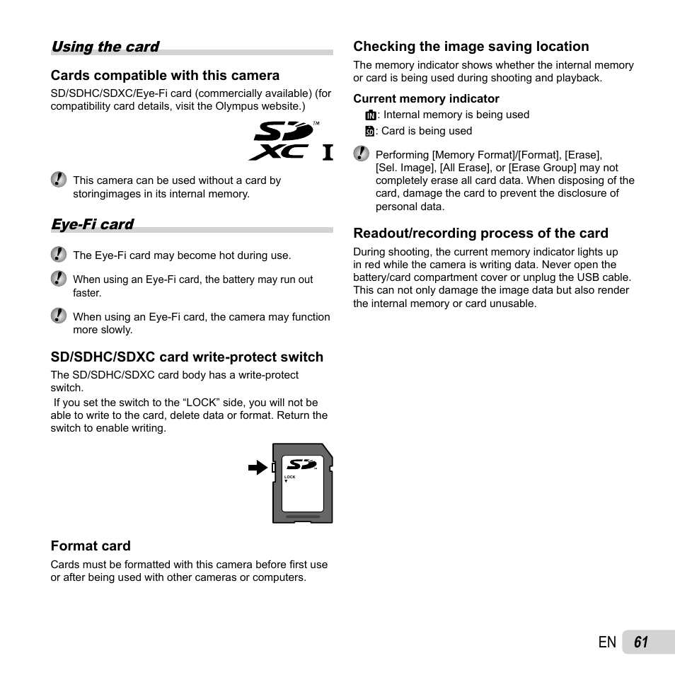 61 en, Using the card, Eye-fi card | Olympus SP-820UZ User Manual | Page 61 / 76