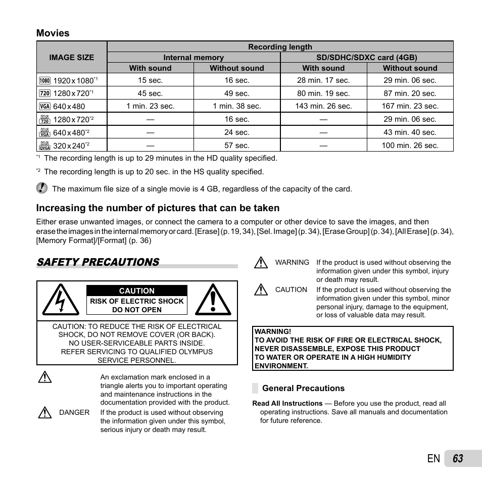 63 en, Safety precautions, Movies | Olympus SP-820UZ User Manual | Page 63 / 76