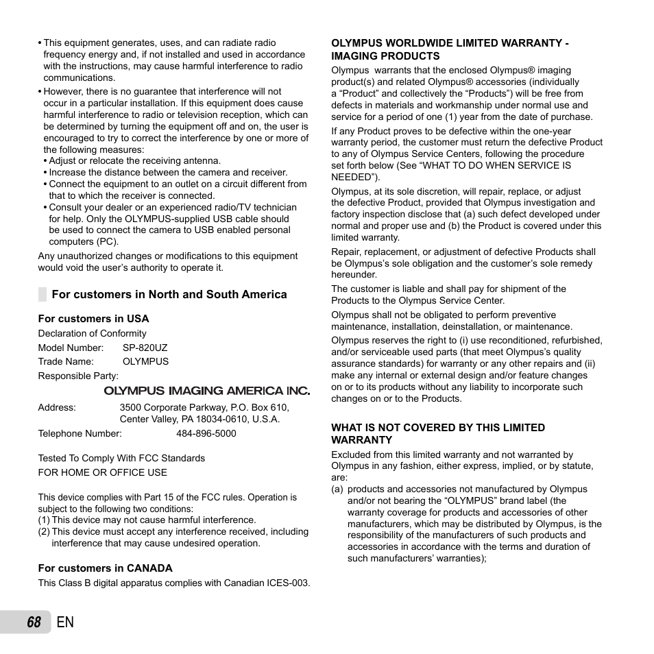 68 en | Olympus SP-820UZ User Manual | Page 68 / 76