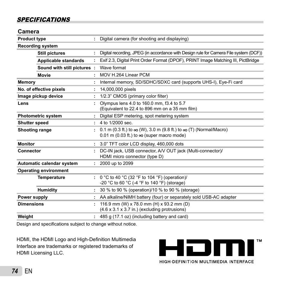 74 en, Specifications, Camera | Olympus SP-820UZ User Manual | Page 74 / 76