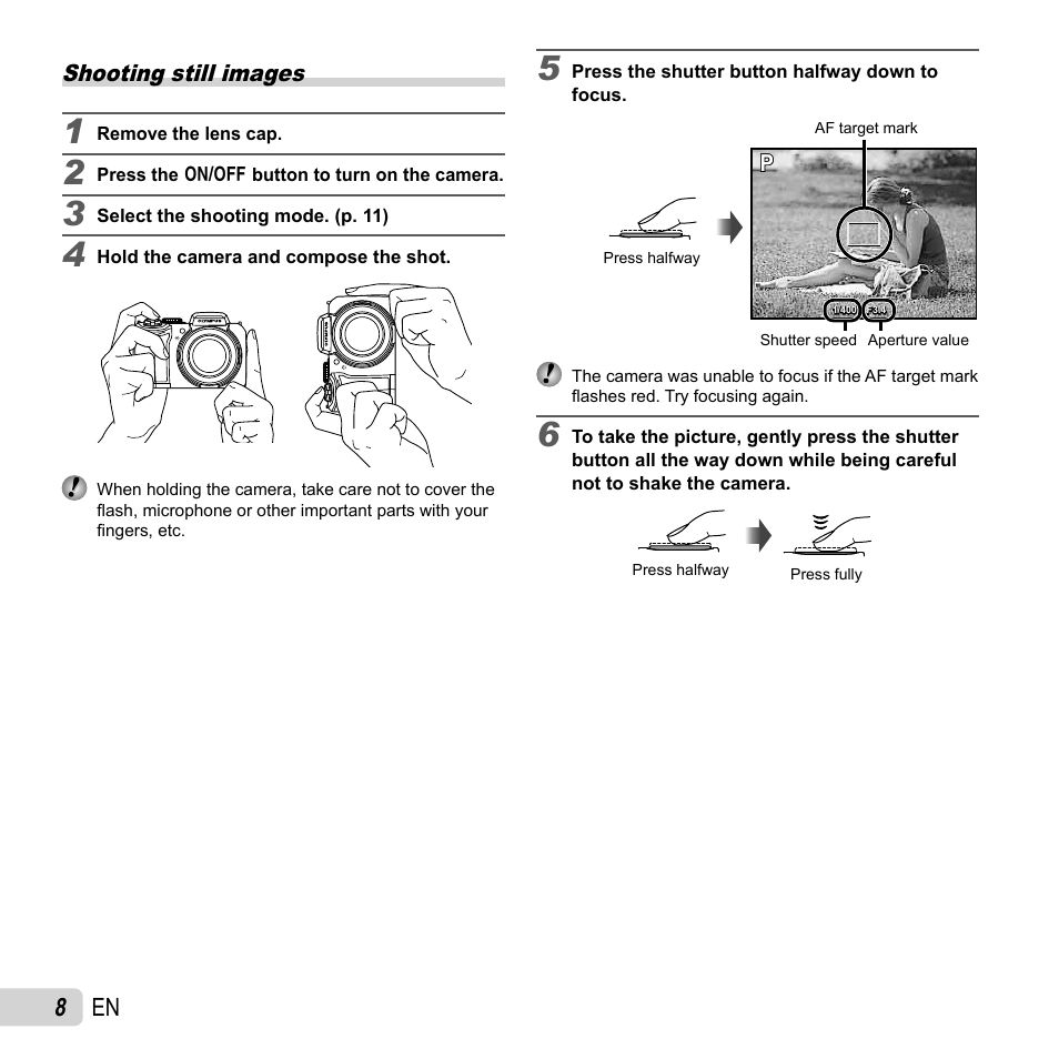 Shooting still images, 8 en | Olympus SP-820UZ User Manual | Page 8 / 76