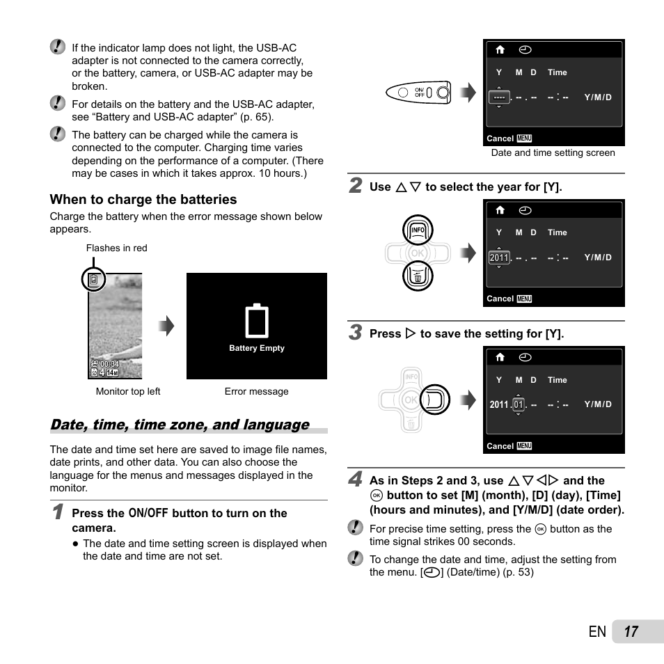 17 en, Date, time, time zone, and language, When to charge the batteries | Olympus TG-310 User Manual | Page 17 / 83