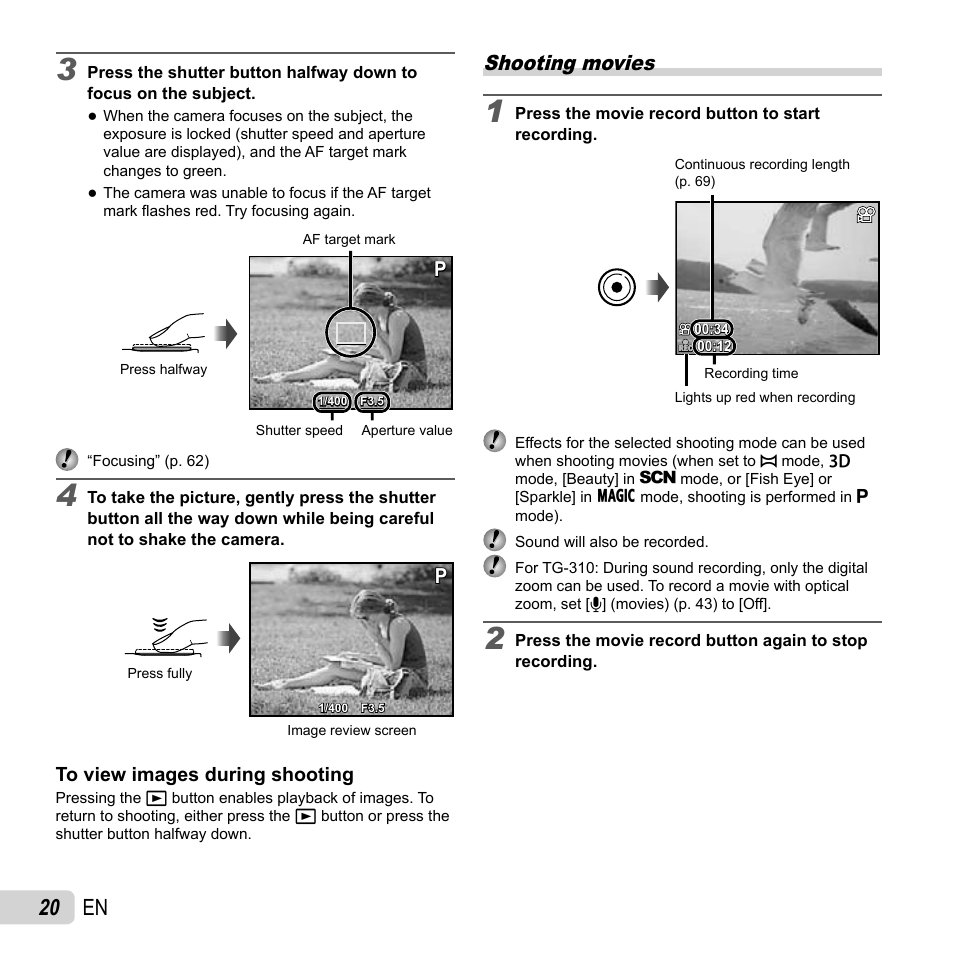 20 en, Shooting movies | Olympus TG-310 User Manual | Page 20 / 83