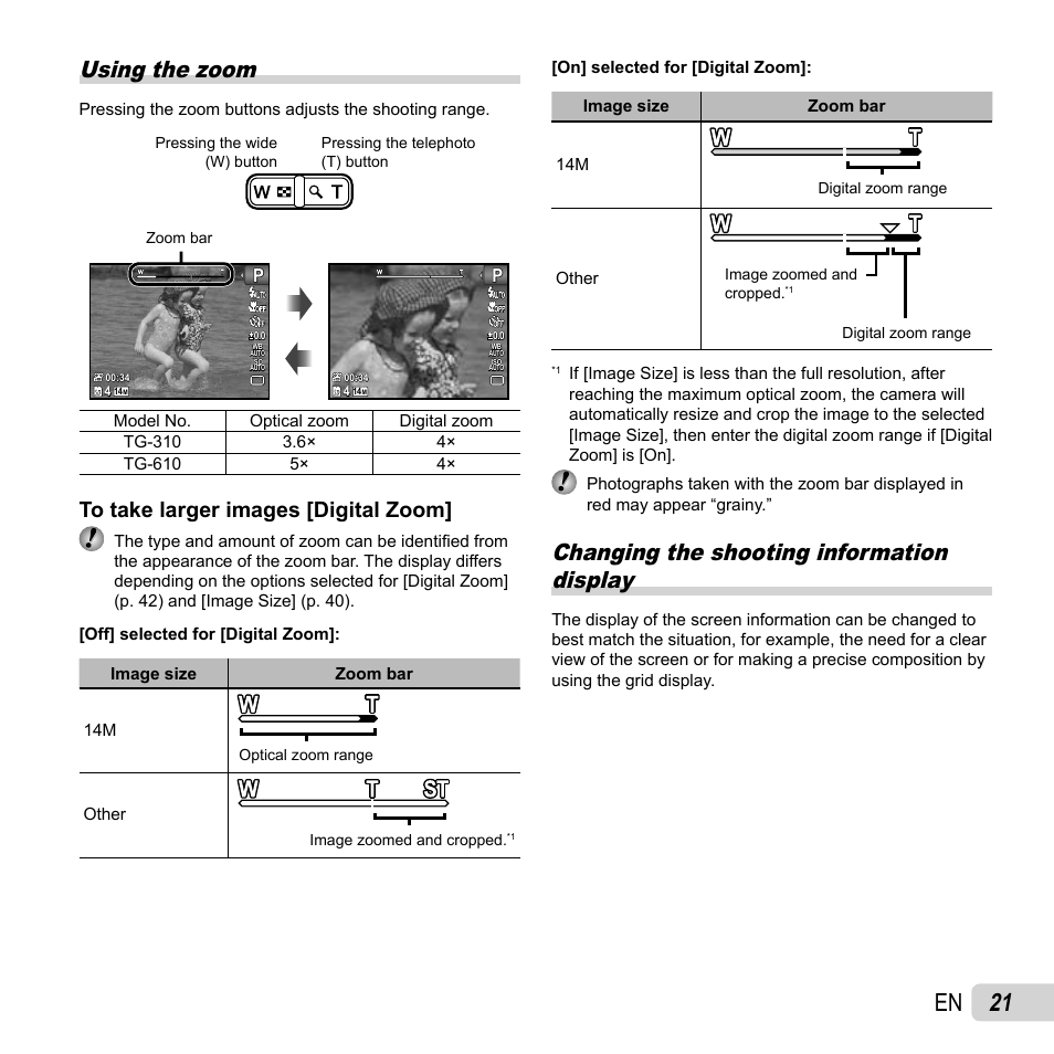 21 en, Using the zoom, Changing the shooting information display | Olympus TG-310 User Manual | Page 21 / 83