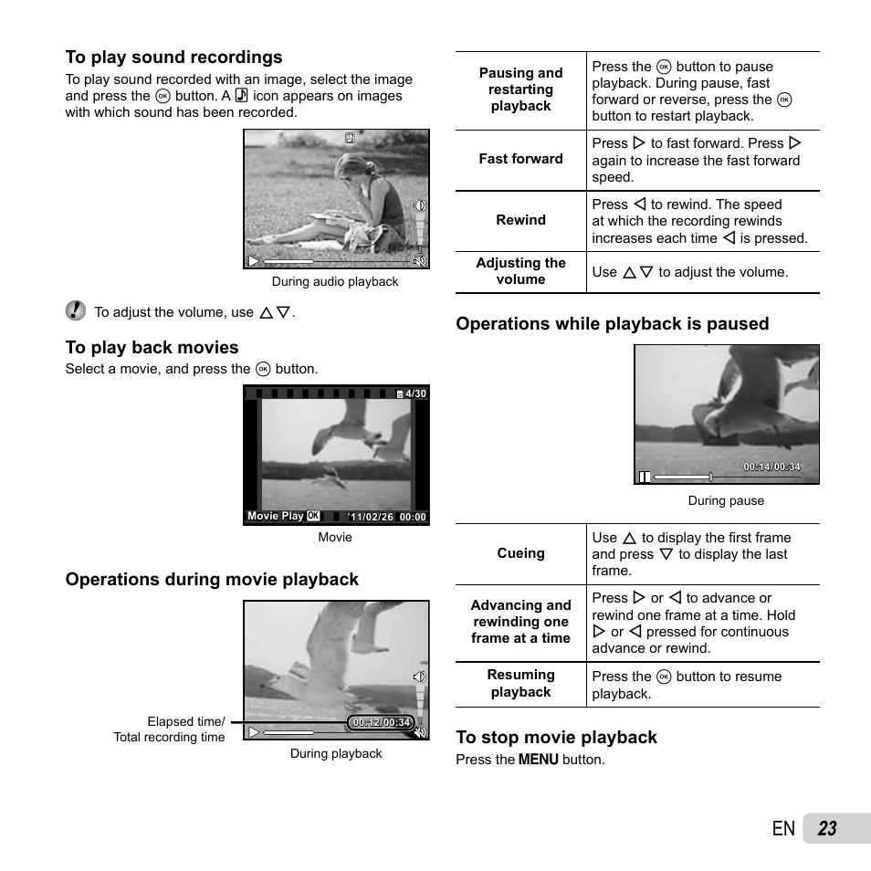 23 en, Operations during movie playback, Operations while playback is paused | Olympus TG-310 User Manual | Page 23 / 83