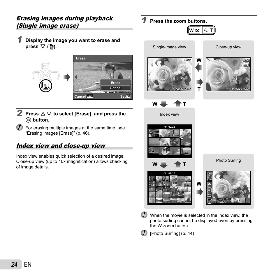 24 en, Index view and close-up view, Wt w t | Olympus TG-310 User Manual | Page 24 / 83