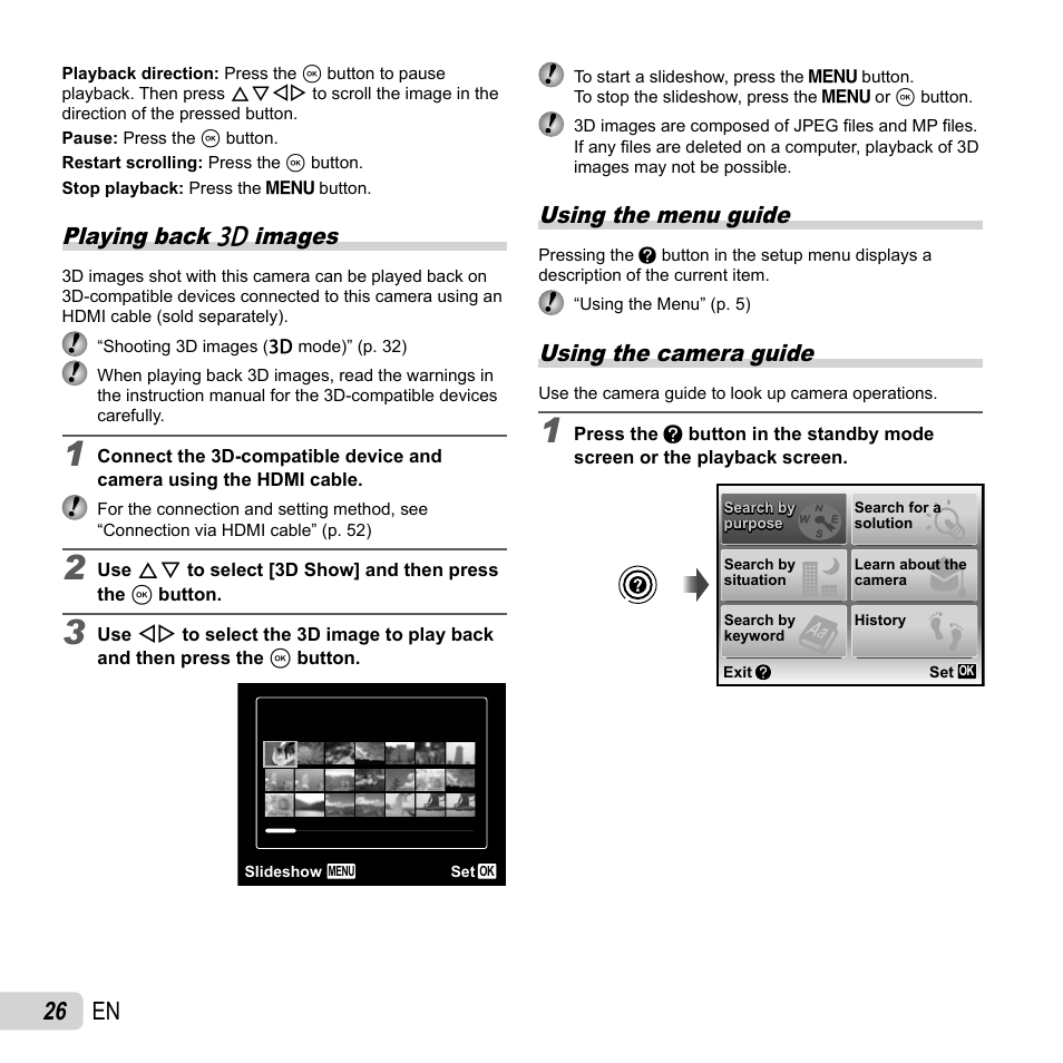 26 en, Playing back w images, Using the menu guide | Using the camera guide | Olympus TG-310 User Manual | Page 26 / 83