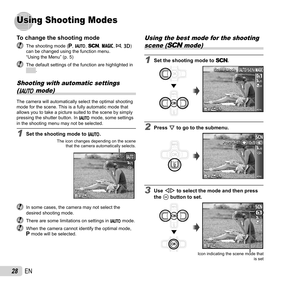 Using shooting modes, 28 en, Shooting with automatic settings (m mode) | Olympus TG-310 User Manual | Page 28 / 83