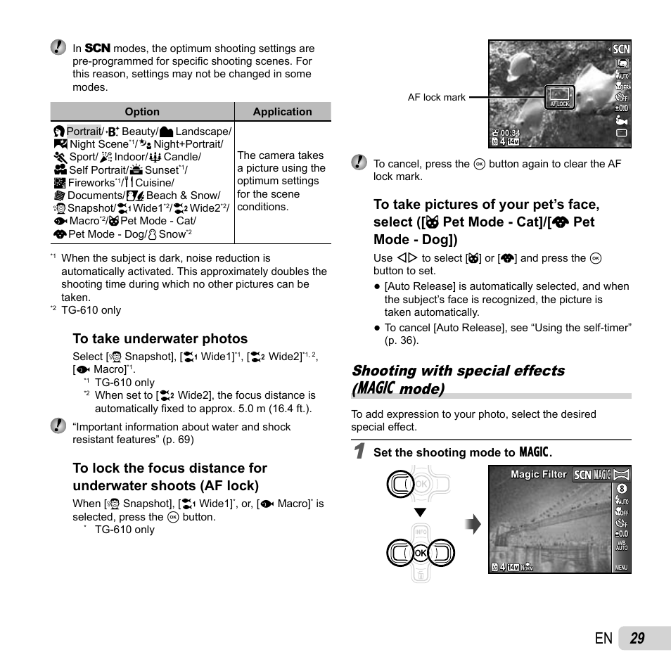 29 en, Shooting with special effects (p mode) | Olympus TG-310 User Manual | Page 29 / 83