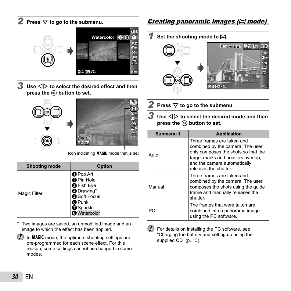 30 en, Creating panoramic images (p mode) | Olympus TG-310 User Manual | Page 30 / 83