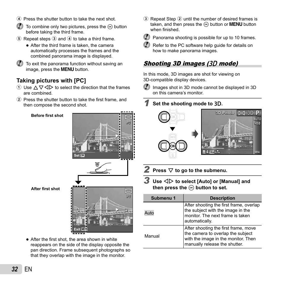 32 en, Shooting 3d images (w mode), Taking pictures with [pc | Olympus TG-310 User Manual | Page 32 / 83