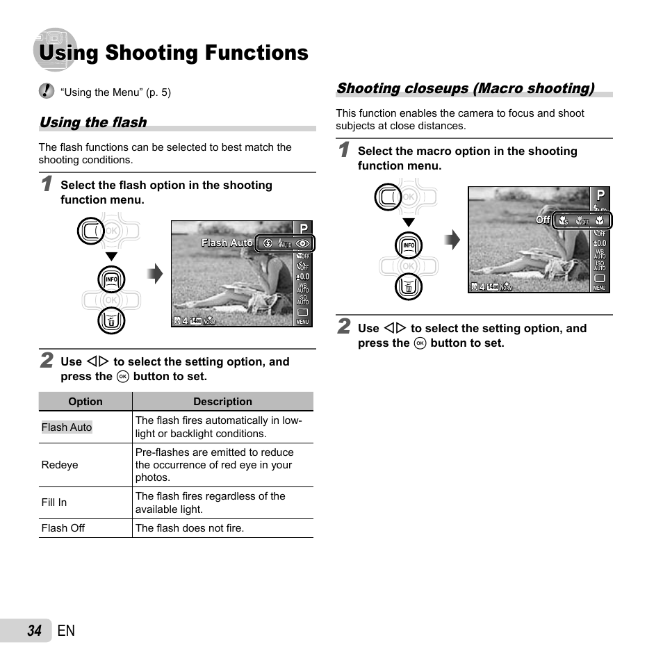 Using shooting functions, 34 en, Using the fl ash | Shooting closeups (macro shooting) | Olympus TG-310 User Manual | Page 34 / 83