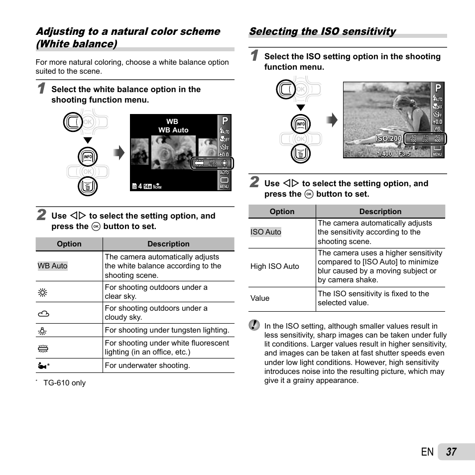 37 en, Selecting the iso sensitivity | Olympus TG-310 User Manual | Page 37 / 83