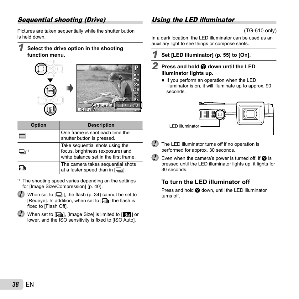 38 en, Sequential shooting (drive), Using the led illuminator | Olympus TG-310 User Manual | Page 38 / 83