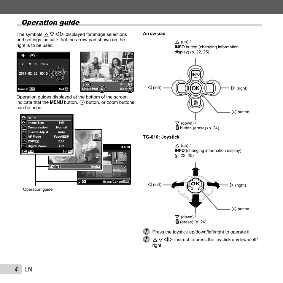 Operation guide, 4 en, Arrow pad | Tg-610: joystick | Olympus TG-310 User Manual | Page 4 / 83