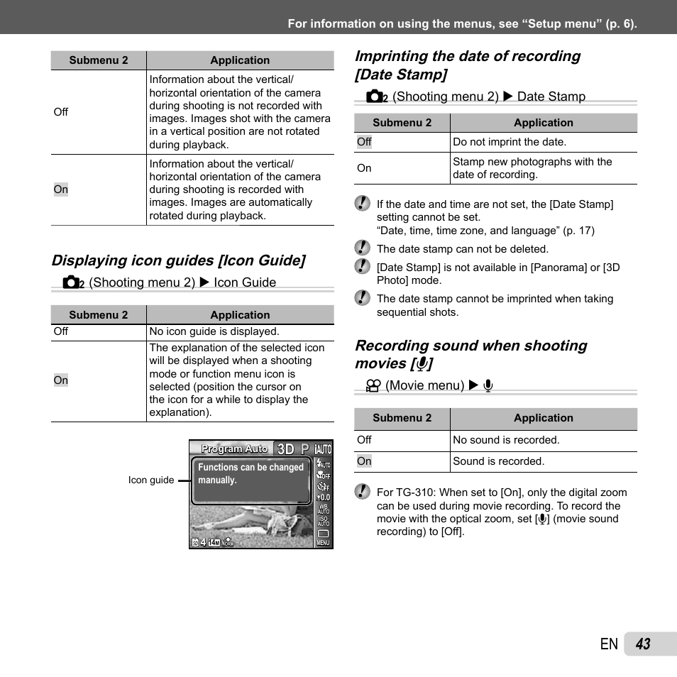 43 en, Displaying icon guides [icon guide, P3d 3d | Olympus TG-310 User Manual | Page 43 / 83