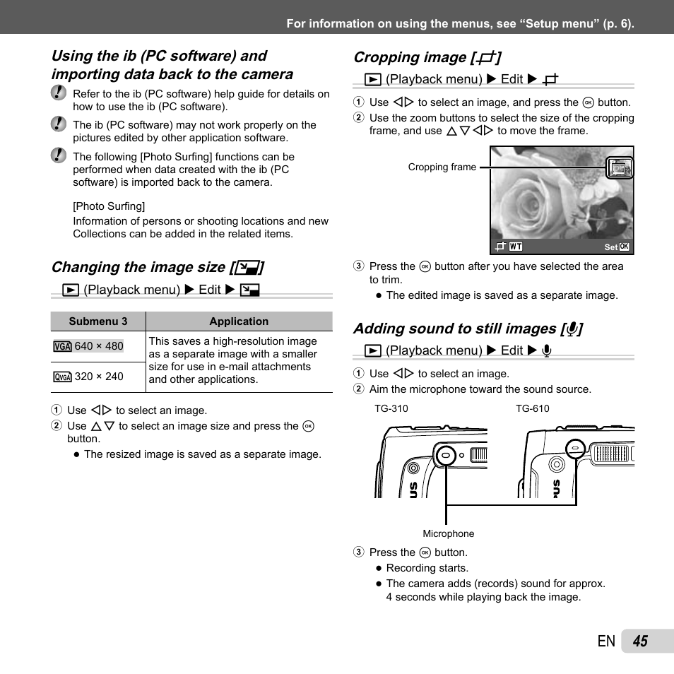 45 en, Changing the image size, Changing the image size [ q q | Cropping image, Cropping image [ p p | Olympus TG-310 User Manual | Page 45 / 83