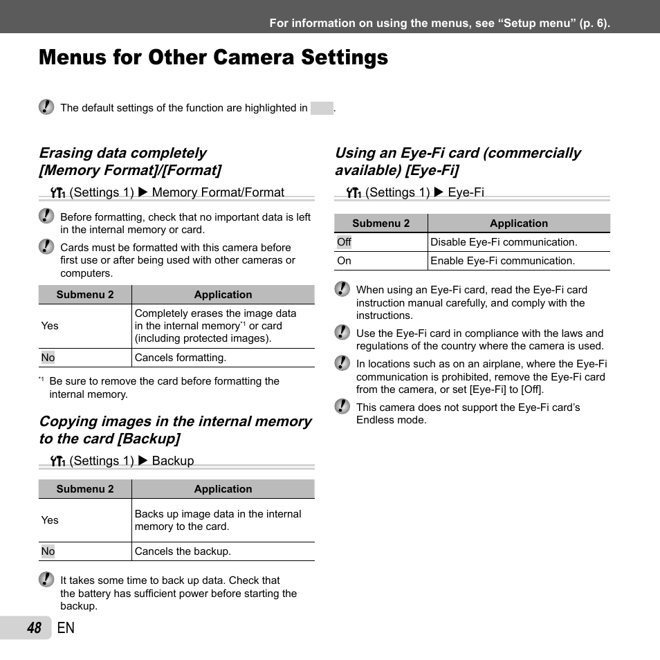 Menus for other camera settings, 48 en | Olympus TG-310 User Manual | Page 48 / 83