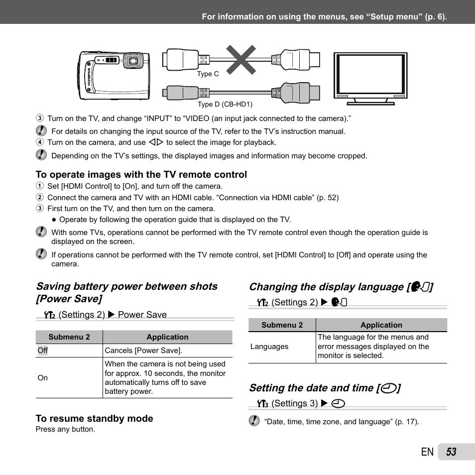 53 en, Setting the date and time, Setting the date and time [ x x | Olympus TG-310 User Manual | Page 53 / 83