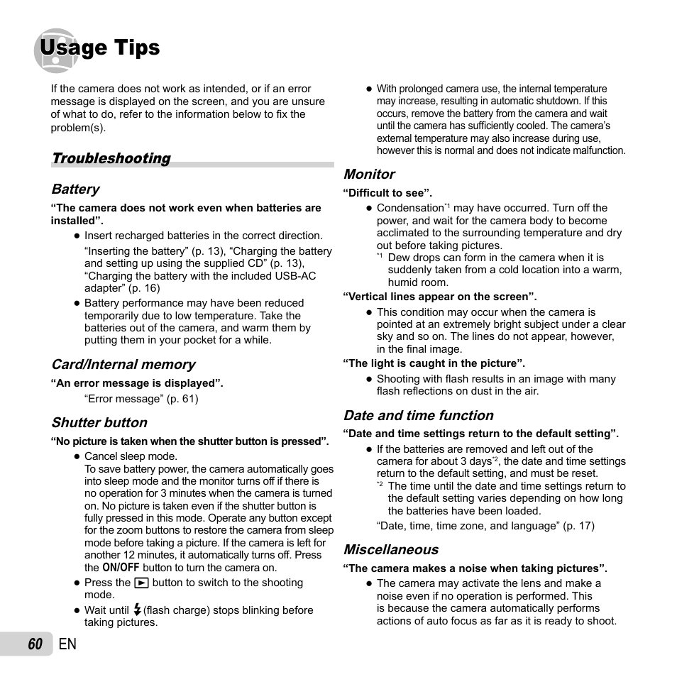 Usage tips, 60 en, Troubleshooting | Battery, Shutter button, Monitor, Date and time function, Miscellaneous | Olympus TG-310 User Manual | Page 60 / 83