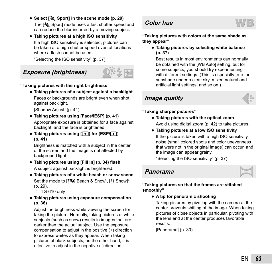 63 en, Exposure (brightness), Color hue | Image quality, Panorama | Olympus TG-310 User Manual | Page 63 / 83