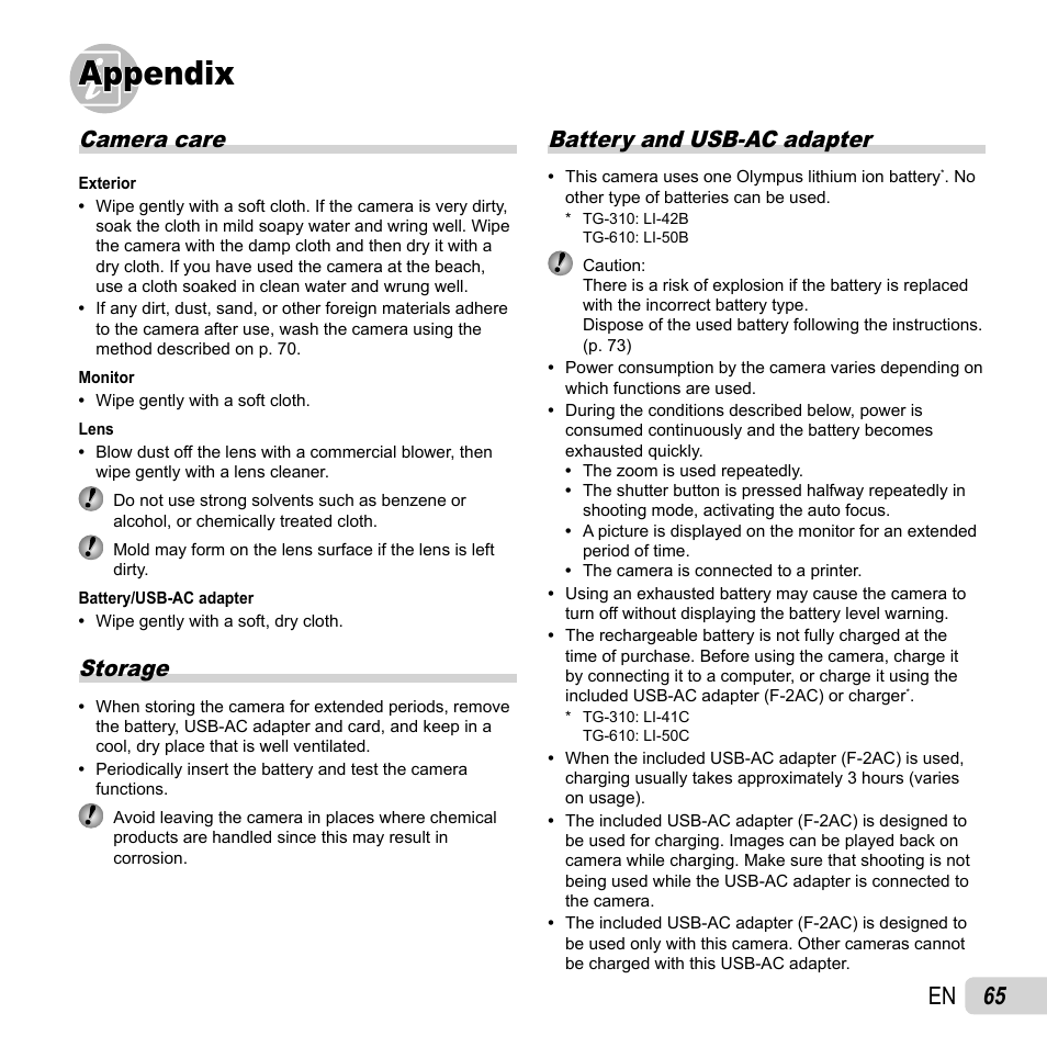 Appendix, 65 en, Camera care | Storage, Battery and usb-ac adapter | Olympus TG-310 User Manual | Page 65 / 83