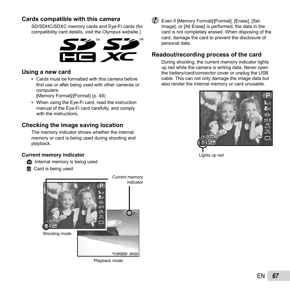 67 en, Cards compatible with this camera, Using a new card | Checking the image saving location, Readout/recording process of the card | Olympus TG-310 User Manual | Page 67 / 83