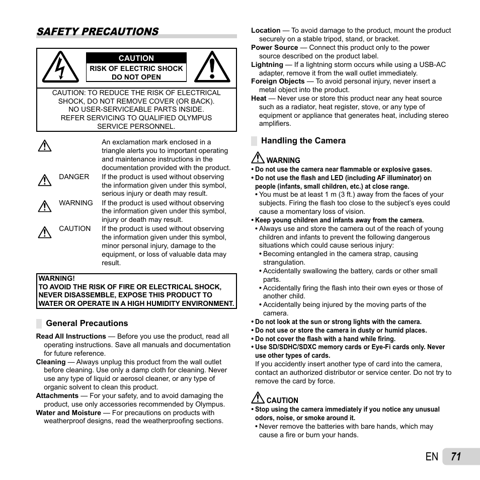 71 en, Safety precautions | Olympus TG-310 User Manual | Page 71 / 83