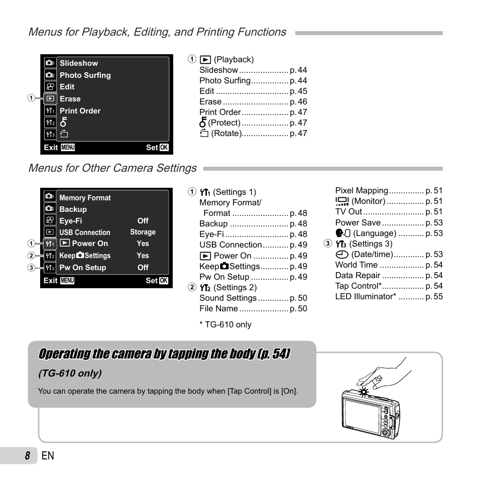 Operating the camera by tapping the body (p. 54), Menus for other camera settings, 8 en | Tg-610 only) | Olympus TG-310 User Manual | Page 8 / 83