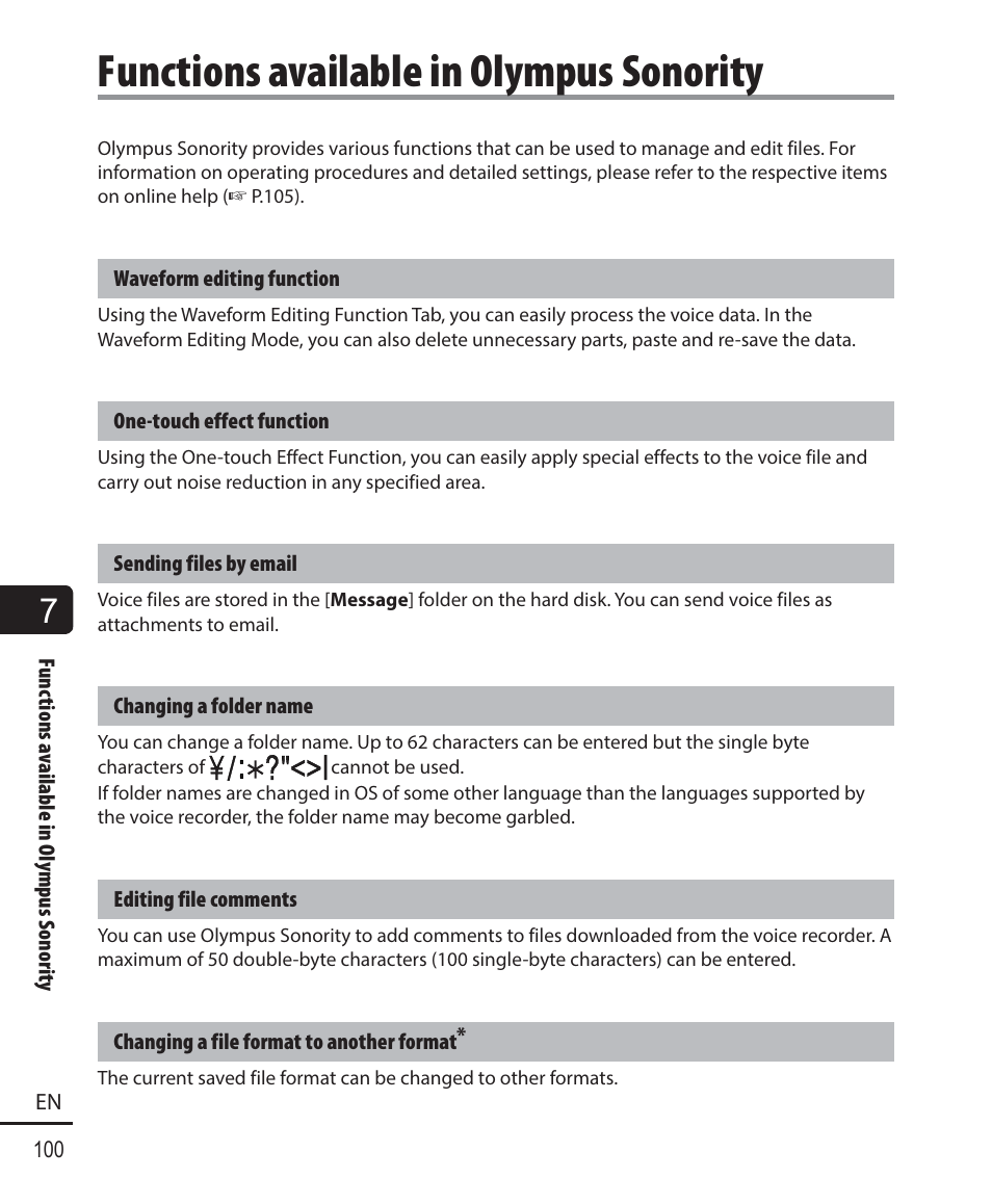 Functions available in olympus sonority | Olympus DM901 User Manual | Page 100 / 132