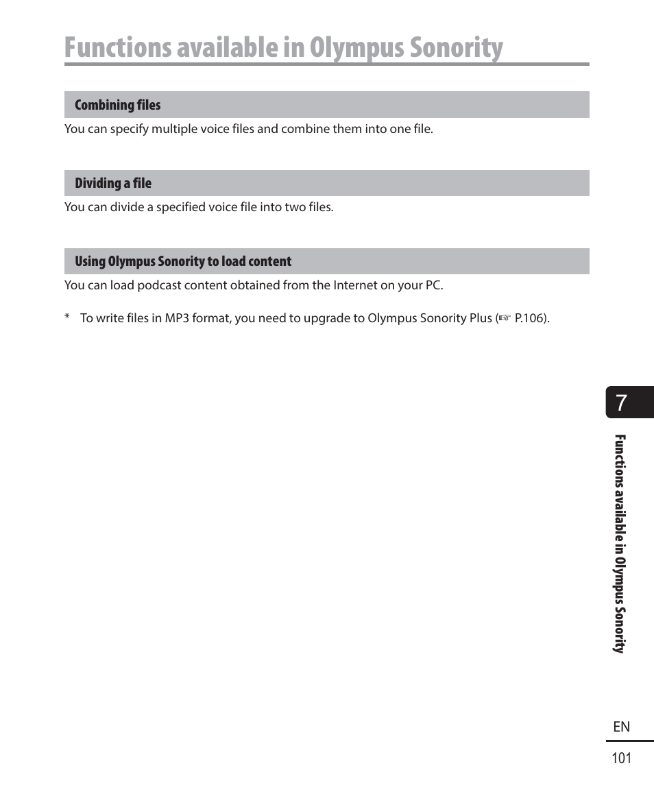 Functions available in olympus sonority | Olympus DM901 User Manual | Page 101 / 132