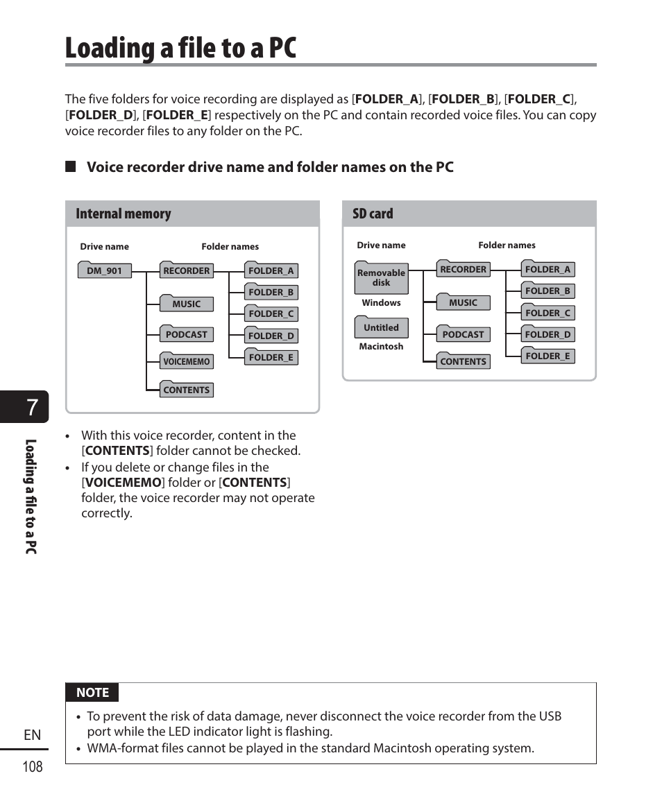 Loading a file to a pc, Loading a fi le to a pc 108 en, Sd card | Olympus DM901 User Manual | Page 108 / 132