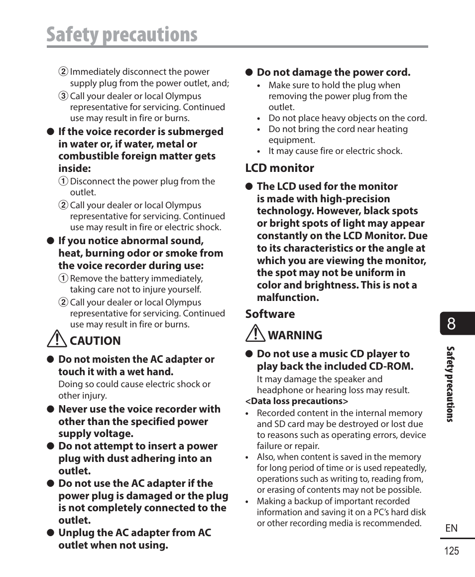 Safety precautions | Olympus DM901 User Manual | Page 125 / 132