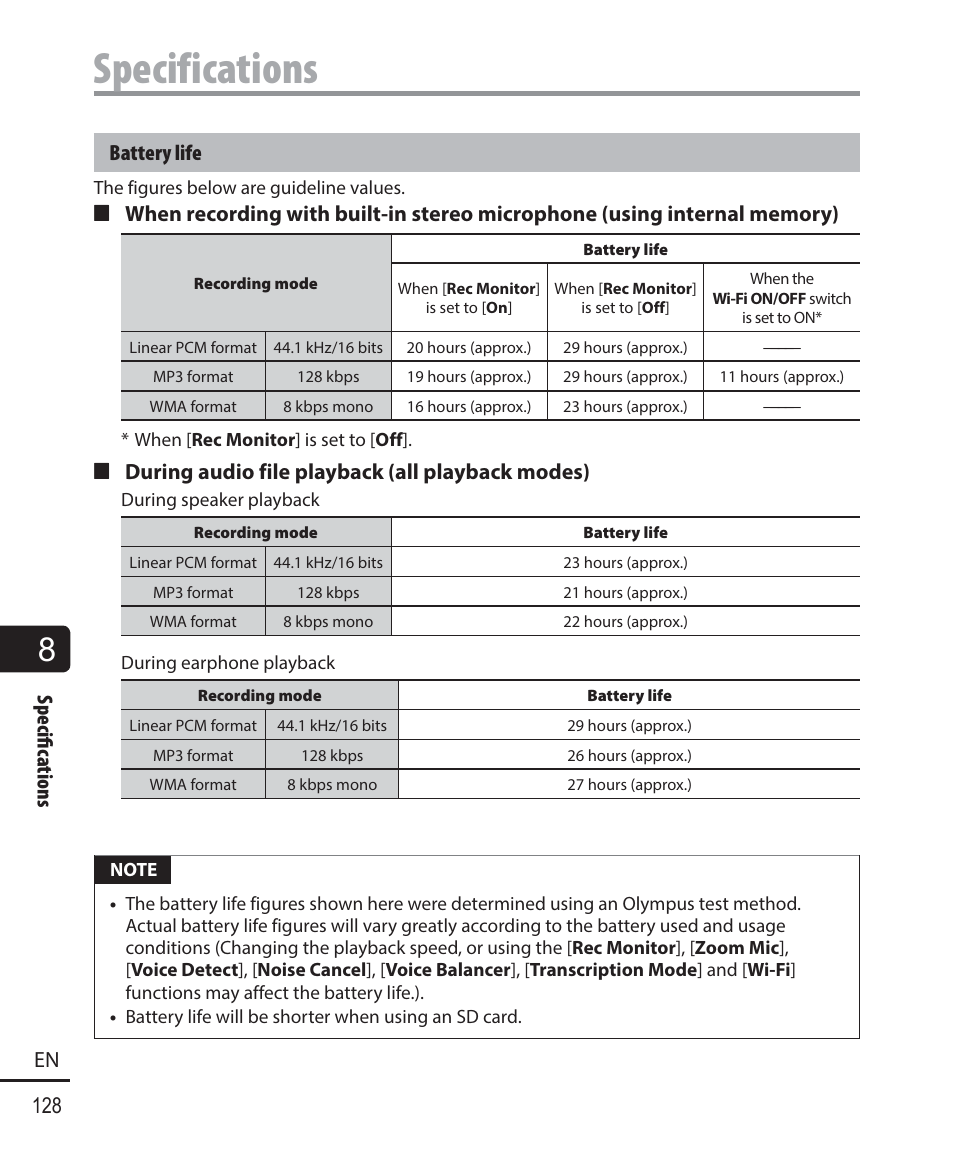 Specifications, 128 en specifi c ations, Battery life | 4 during audio file playback (all playback modes) | Olympus DM901 User Manual | Page 128 / 132