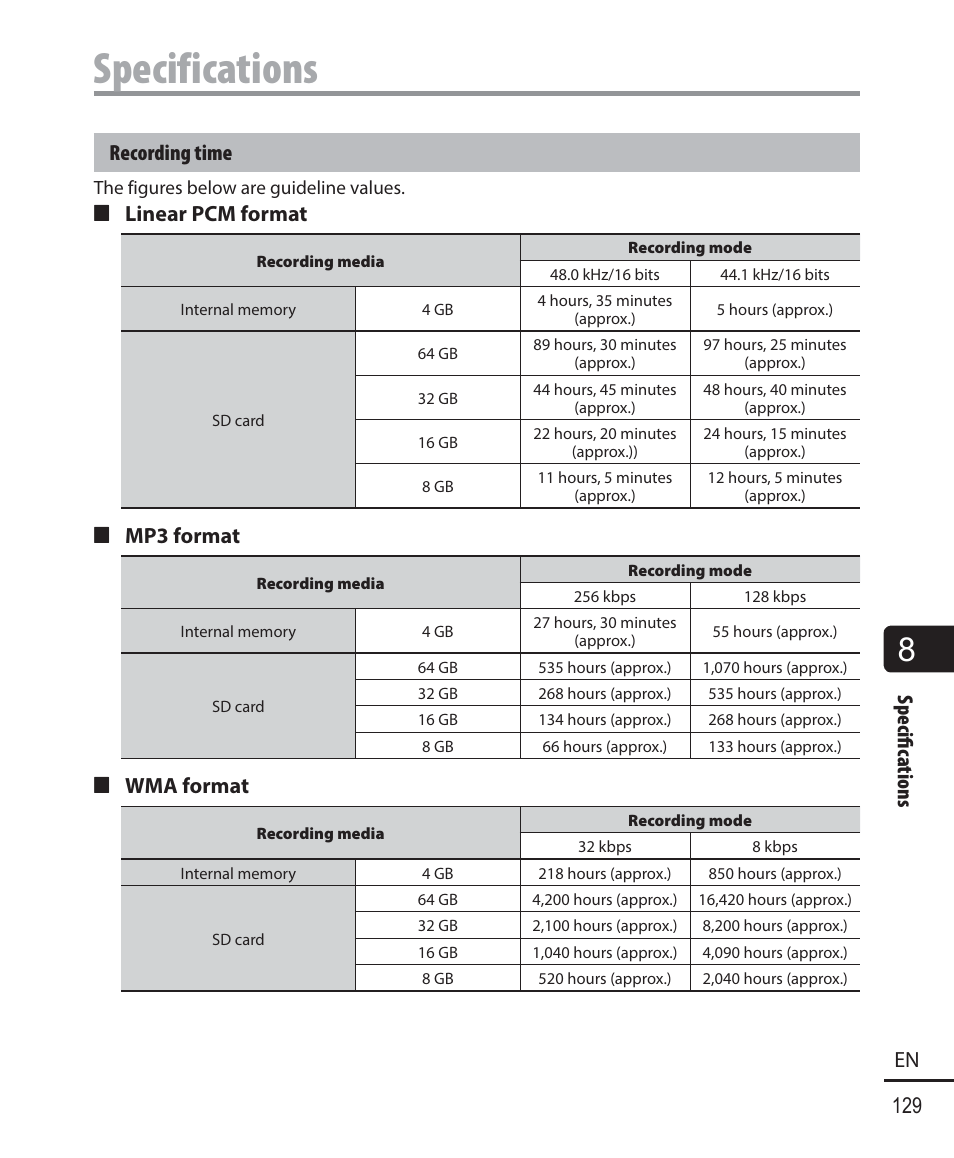 Specifications, 129 en, Specifi c ations | Recording time, 4 linear pcm format, 4 mp3 format, 4 wma format | Olympus DM901 User Manual | Page 129 / 132