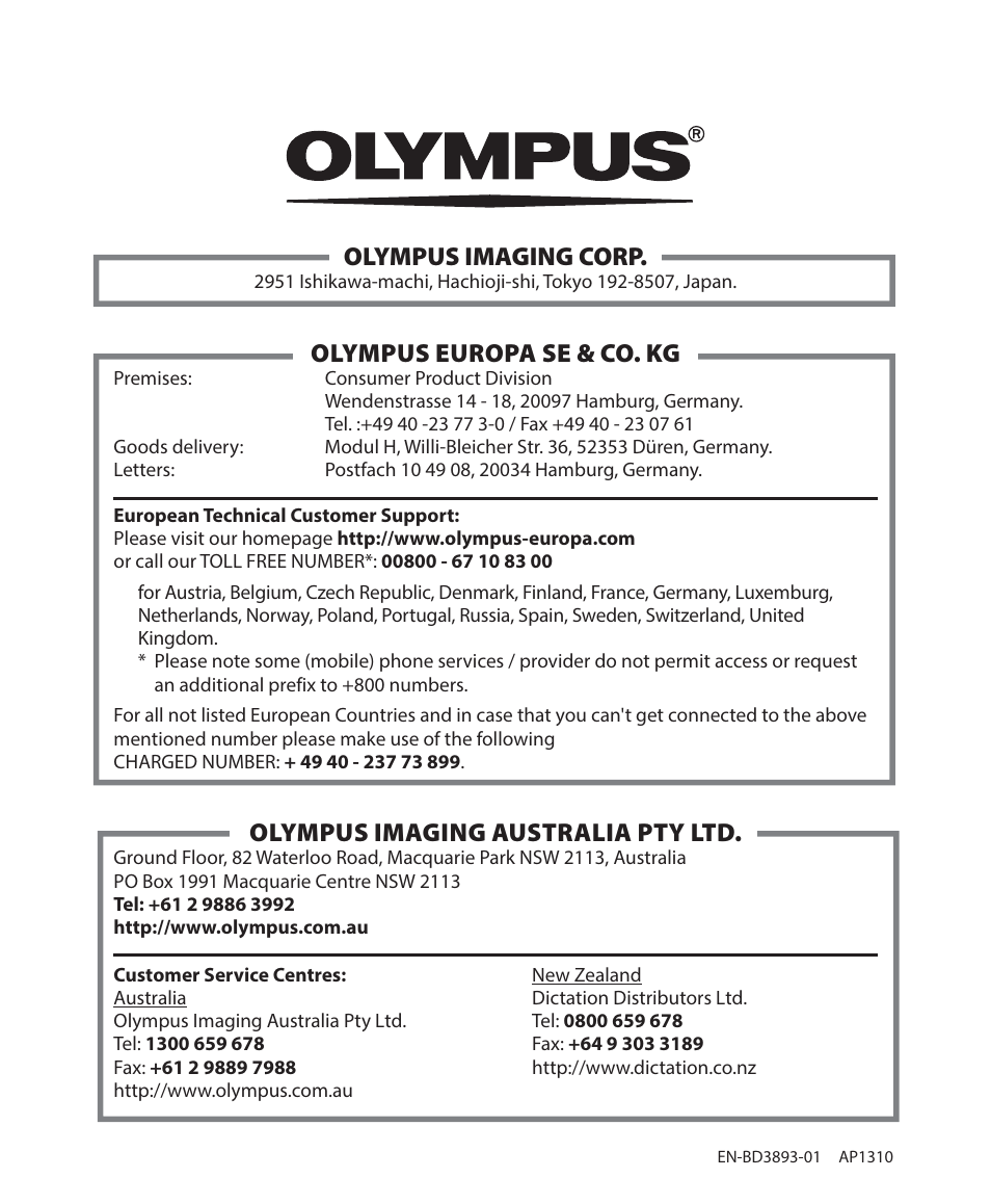 Olympus imaging corp, Olympus europa se & co. kg, Olympus imaging australia pty ltd | Olympus DM901 User Manual | Page 132 / 132