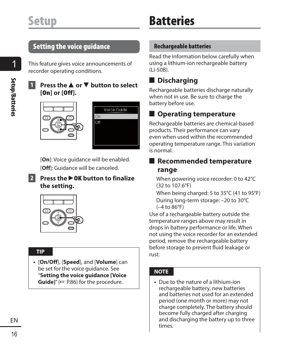 Setup, Batteries, Setting the voice guidance | Olympus DM901 User Manual | Page 16 / 132