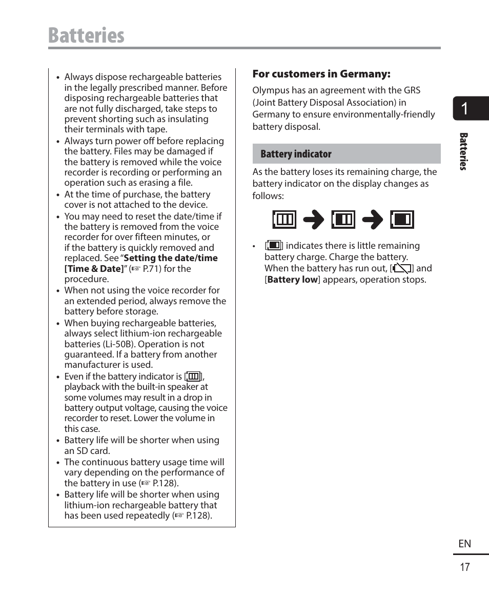 Batteries | Olympus DM901 User Manual | Page 17 / 132