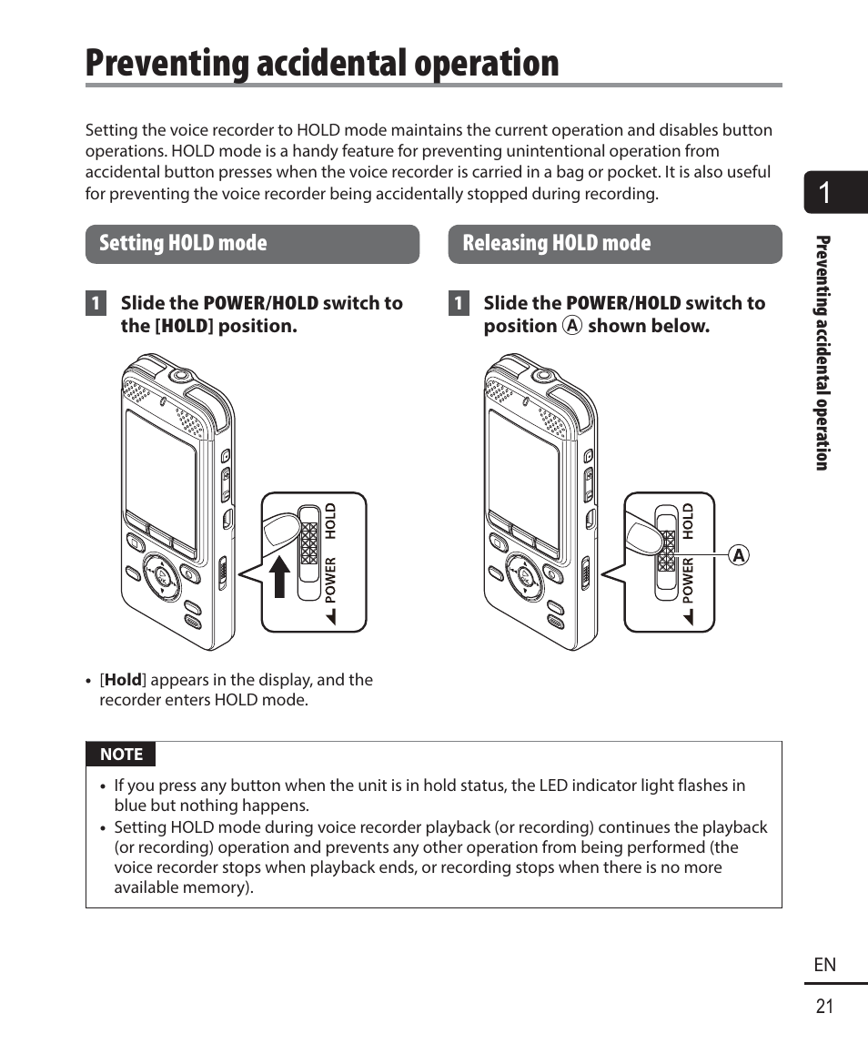 Preventing accidental operation | Olympus DM901 User Manual | Page 21 / 132