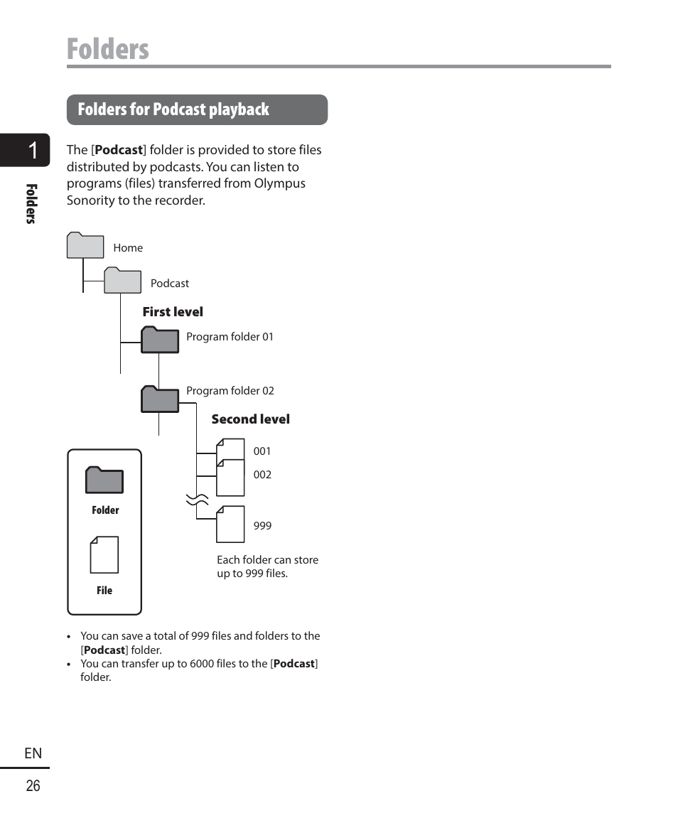 Folders, Folders for podcast playback | Olympus DM901 User Manual | Page 26 / 132