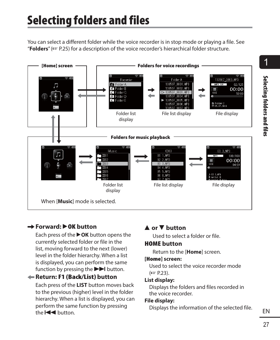 Selecting folders and files | Olympus DM901 User Manual | Page 27 / 132