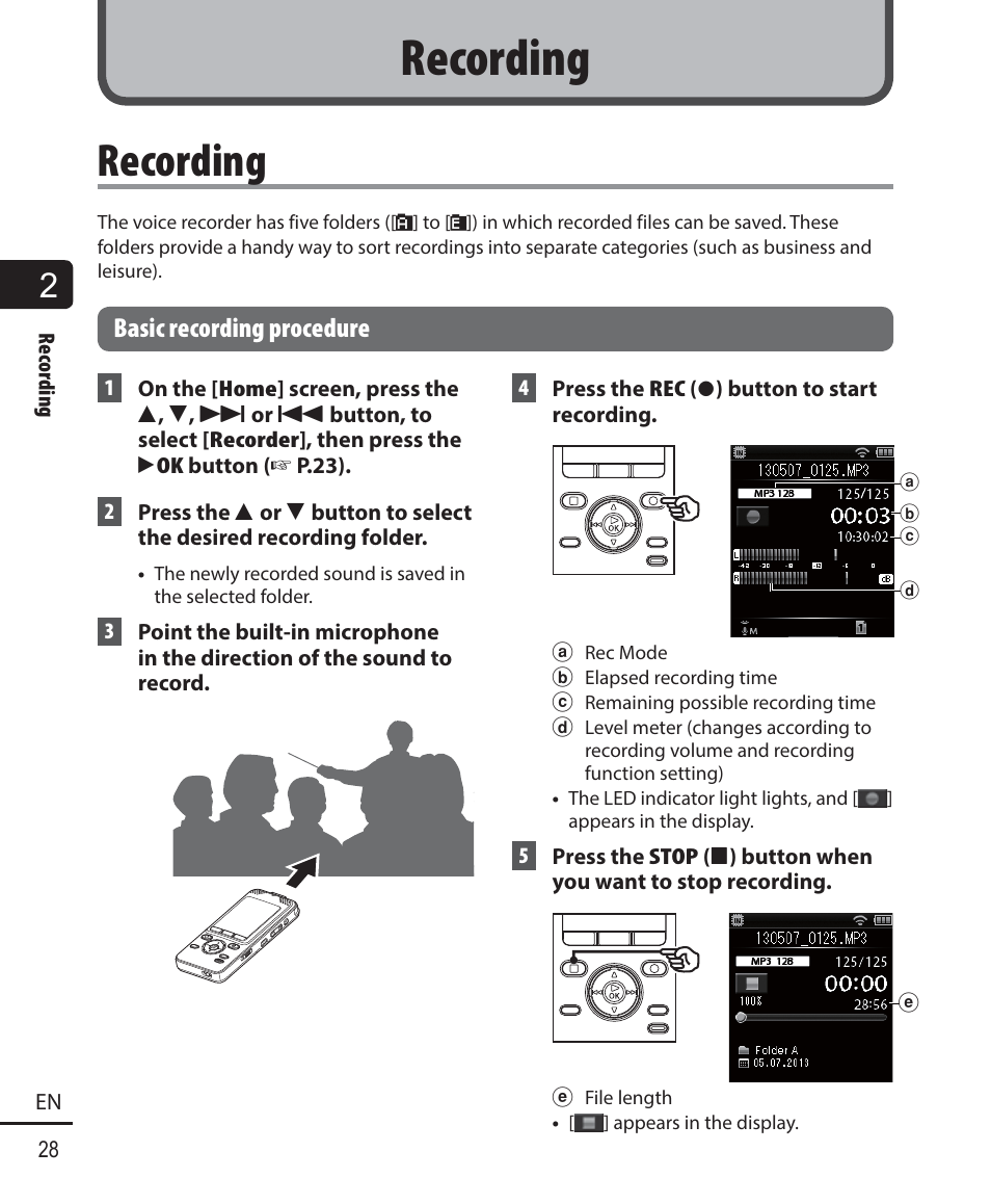 Recording, Basic recording procedure | Olympus DM901 User Manual | Page 28 / 132