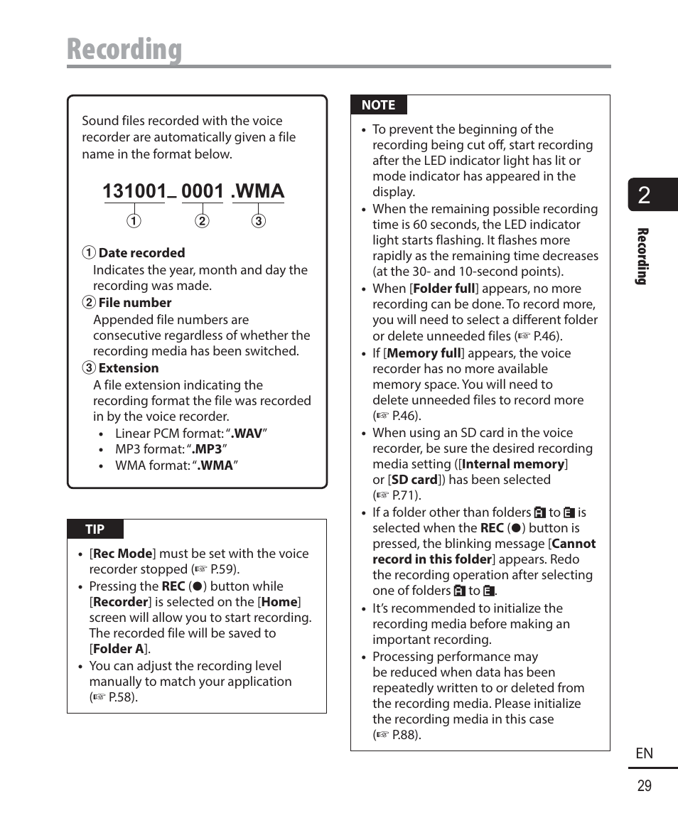 Recording | Olympus DM901 User Manual | Page 29 / 132