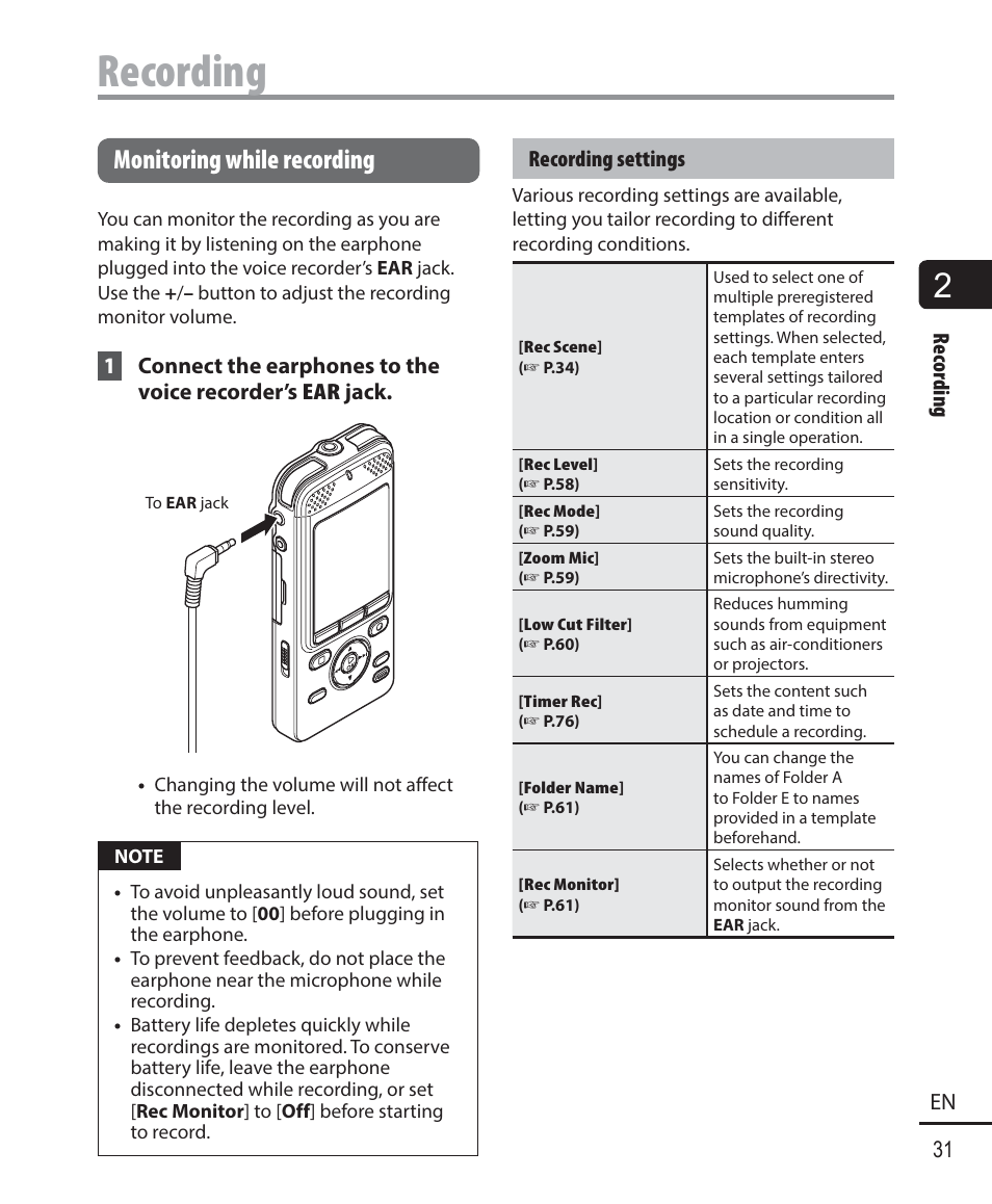 Recording, Monitoring while recording | Olympus DM901 User Manual | Page 31 / 132