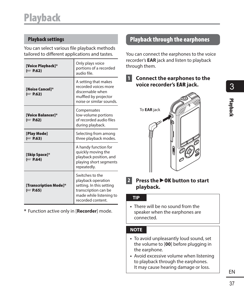 Playback, Playback through the earphones | Olympus DM901 User Manual | Page 37 / 132