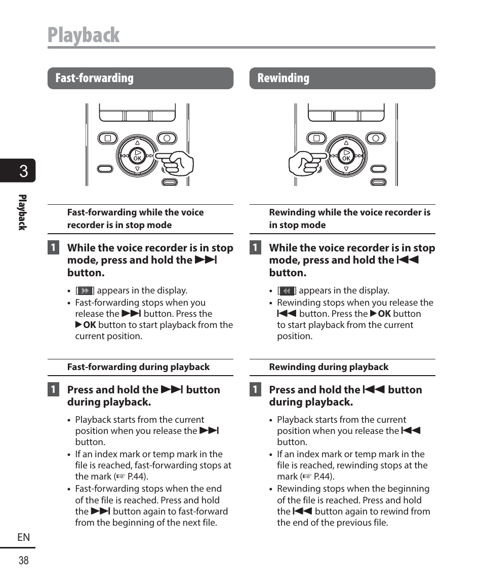 Playback, Fast-forwarding, Rewinding | Olympus DM901 User Manual | Page 38 / 132