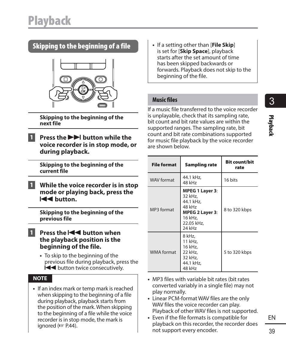 Playback, Skipping to the beginning of a file | Olympus DM901 User Manual | Page 39 / 132