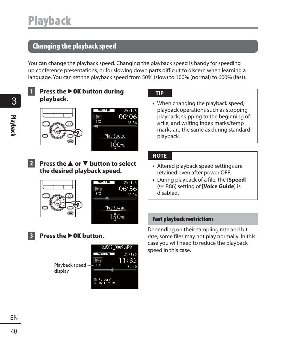 Playback, Changing the playback speed | Olympus DM901 User Manual | Page 40 / 132